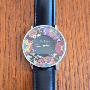 Vera Bradley Floral Dial Watch Black Leather Strap Silver Tone Japan Movt 38mm